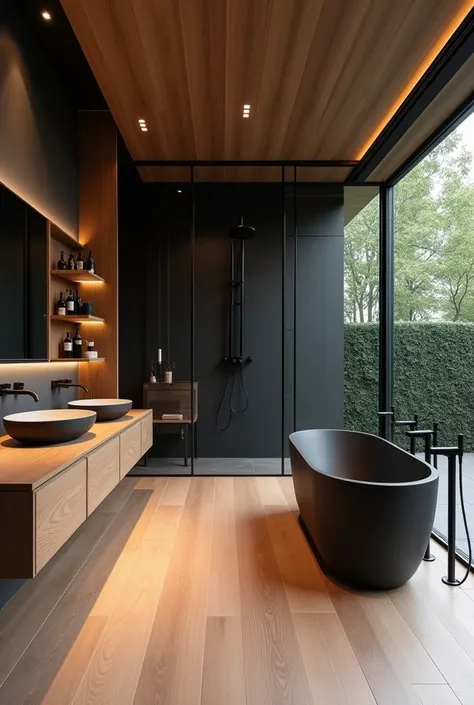 Salle de bain moderne très grande an bois et noir