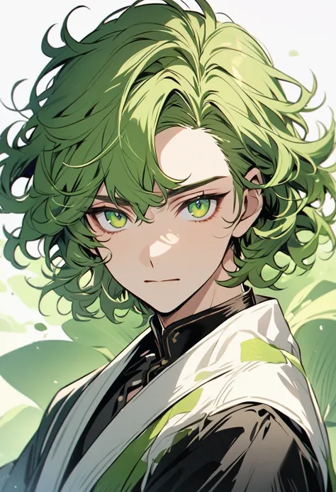 male, solo, handsome, curly hair, very short hair, green hair, green eyes, beautiful color, main face