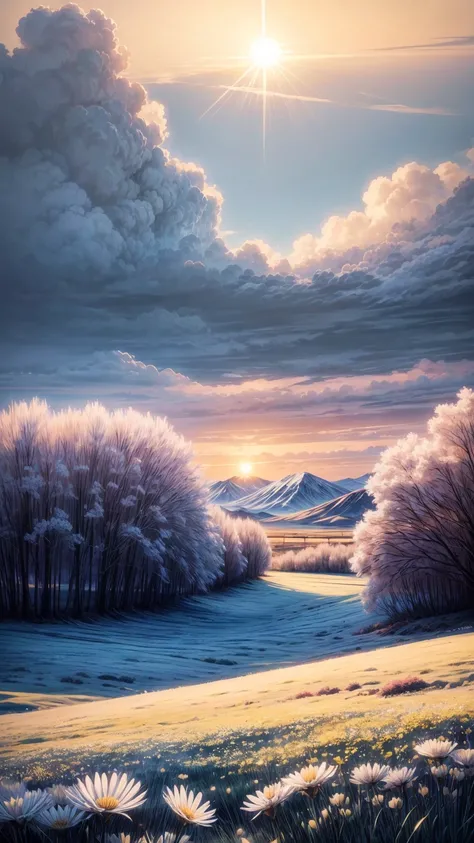 Create an anime-style illustration featuring a field of flowers in a delicate mixture of white and blue hues. The scene should capture the early morning sun rising from behind distant mountains. The sky should be painted with soft, flowing clouds that refl...