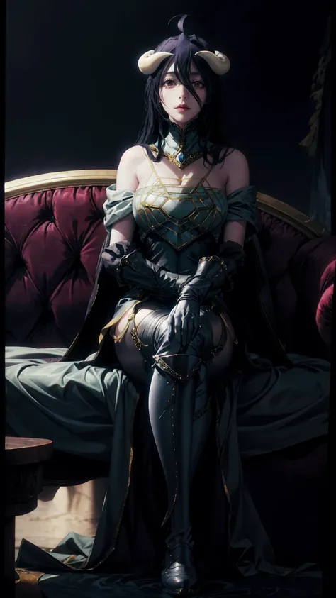 albedo, waifu aesthetic. albedo sitting in a fancy couch.  suit with patterns and details. perfectly detailed face with an arrog...