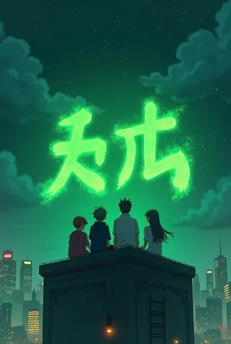 4k anime people sitting on a tall building looking down on the word ABSTRACT (green) at night 
all green 