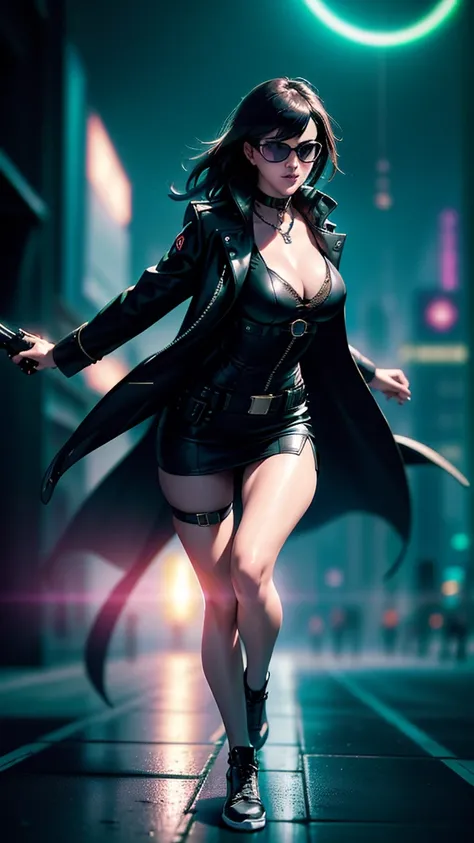 cyberpunk-style city with a nocturnal vibe with Matrix-like aesthetic references, glowing huge clock tower as time machine, green glowing cascading code. At night, (1girl, solo, alone), photorealistic, medium-breast slim:0.6 body, oval:0.5 face, cleavage:1...