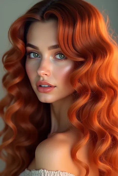 A brunette woman with long, voluminous, copper-orange curly hair with white, blonde highlights