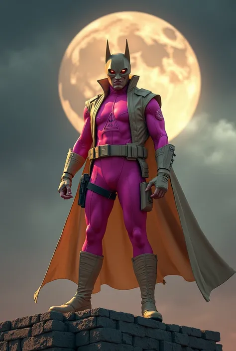 high-tech suit, vivid effects, malaysian superhero (KELUANG MAN) in a striking pink and beige costume cyberpunk design, mask small mini bat ear beige, daredevil biage mask, jumpsuit dark pink stands confidently in a dramatic, stormy landscape. ((Head cover...