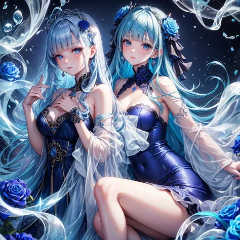 ((Highest quality)),(Ultra-high resolution),A loose-fitting cocktail dress in a deep blue rose pattern,Highly detailed CG Unity 8k wallpaper, Cool, lots of Earrings, Earrings, Blue hair, Curly Hair, Blunt bangs, Straight bangs, Blue eyes, White skin, Gal, ...