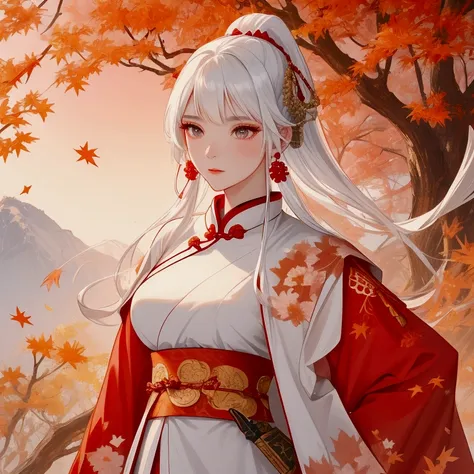 A beautiful female general holding a big spear in white ancient Chinese general costume, walking In the middle of a spring mountain ,the backdrop is a mountain that turns red in spring, and maple leaves fall from the trees. The sun shines and the sun rises...