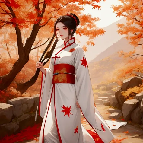 A beautiful female general holding a big spear in white ancient Chinese general costume, walking In the middle of a spring mountain ,the backdrop is a mountain that turns red in spring, and maple leaves fall from the trees. The sun shines and the sun rises...