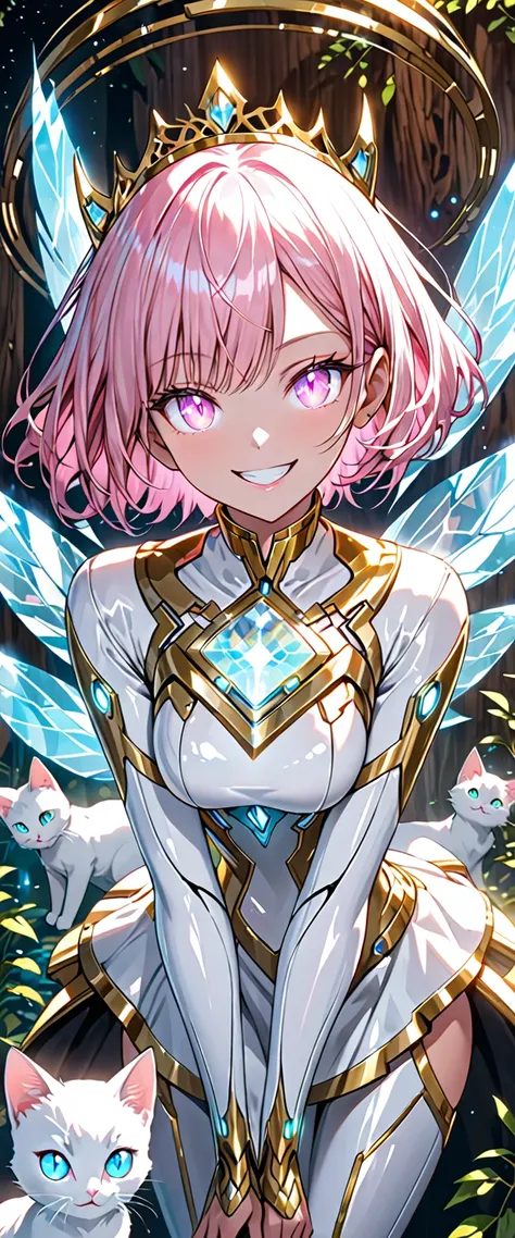 Virtual Woman, Pink Short Hair, Shiny Hair, Glowing Eyes:0.5, Slim, White Kitten, v Arms, Leaning forward, Big smile, Shining Eyes, Gold Tiara, hologram, Futuristic, Happy, Arcology, wood