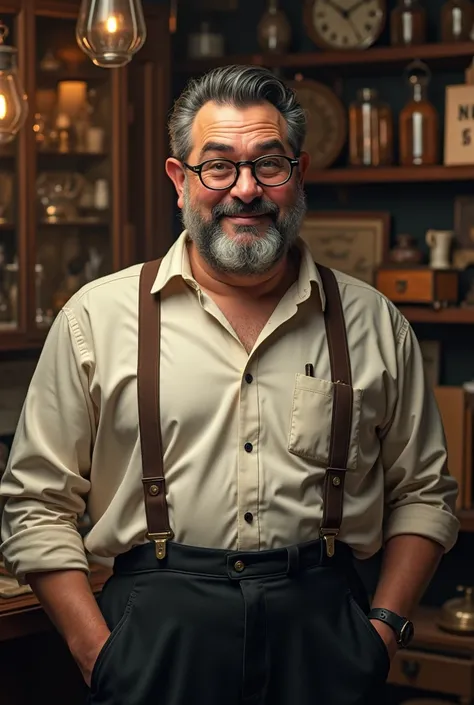 a man with slightly graying black hair and beard. He wears bottle-bottom glasses that magnify his eyes, and his appearance is strong and a little corpulent. He is wearing a long sleeved shirt and suspenders holding up his fabric pants.. His expression is f...