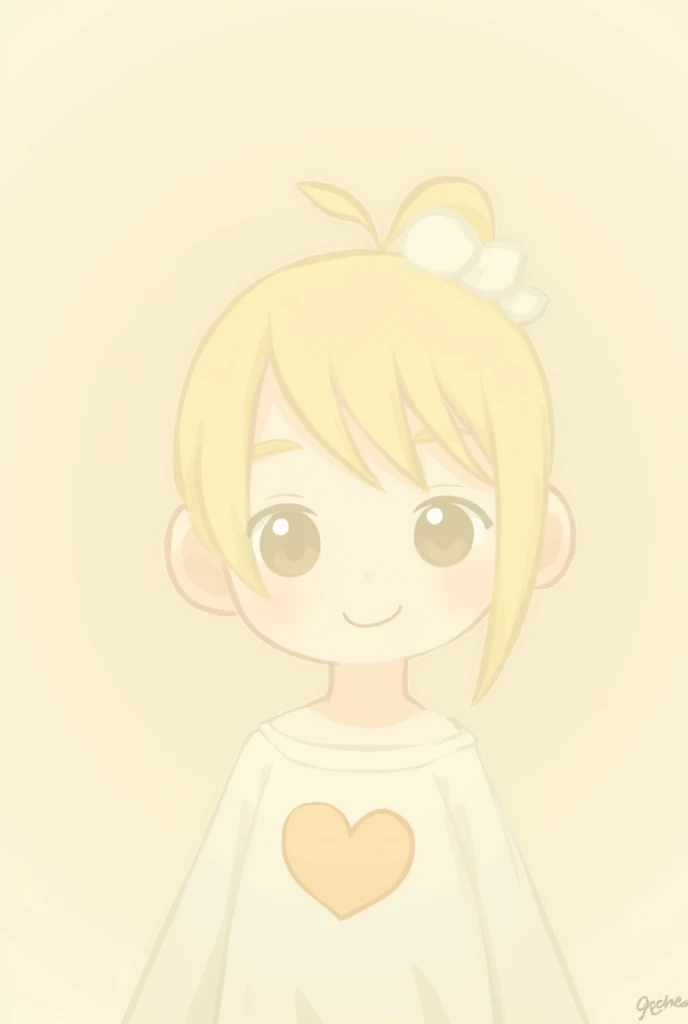 Create a smiling cartoon character, with blonde hair all thrown to the right side, with a white ornament on her head and a white top with a brown heart drawn on it. 