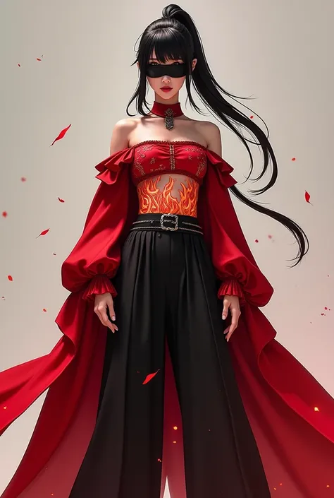 A character dressed in a striking red and black outfit stands confidently. The attire features an off-the-shoulder top and loose trousers, accentuated with a wide belt. The character has long, dark hair styled with bangs and a ponytail, along with a blindf...