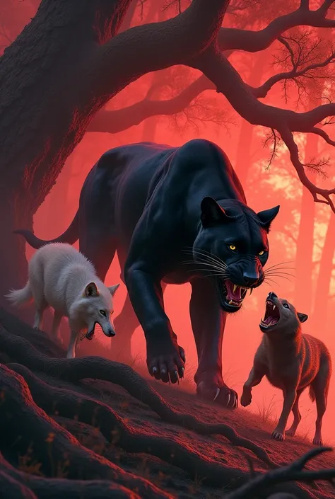 A black panther killed a white and brown wolf under the banyan trees in red color way
