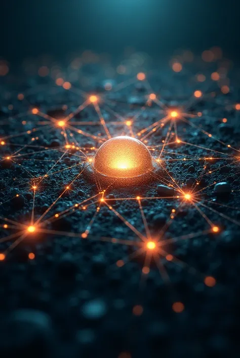 Technology at the center of a glowing web, connecting distant points of knowledge and understanding across a dark expanse."