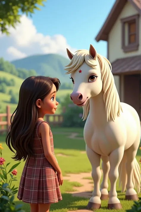 Long haired girl ,brown eyes and plaid dress will be  adopt a pony But there was one that caught my attention immediately, a white pony with a star-shaped spot on its forehead. in disney pixar drawing