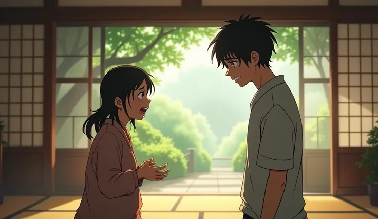 a young adult son arguing with his mother who is crying, a mother who is crying her son a young adult son is fighting with her, hyper identical art style to Studio Ghibli, hyper identical art style to Studio Ghibli, hyper identical art style to studio ghib...