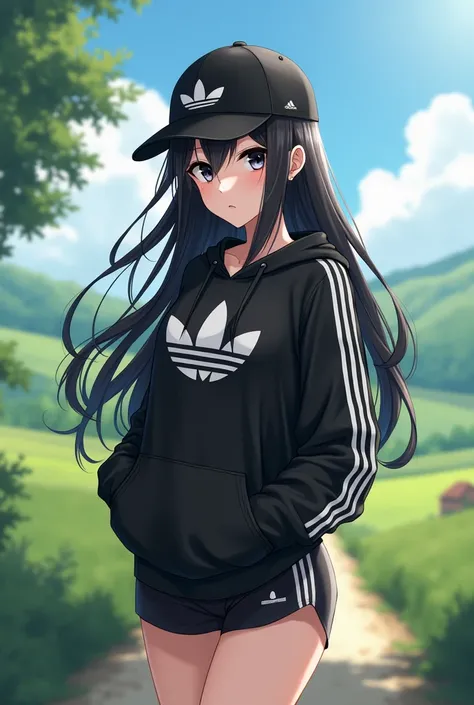 sexy anime girl, long black hair, wear black adidas striped slippers white and black, black eyes, barefoot, wear black adidas cap, wear black adidas hood, wear black adidas hot pants, background is countryside