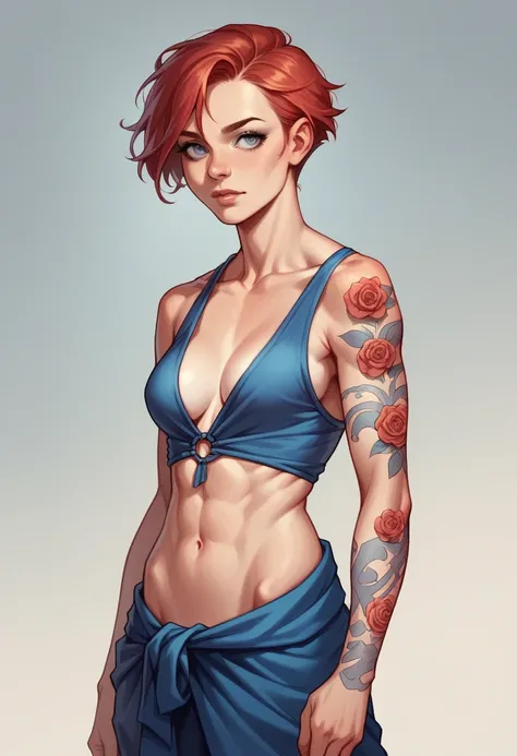 comics style realistic,young woman, 1, short red hair, blue gray eyes, athletic, floral tattoos,blue prisoner 