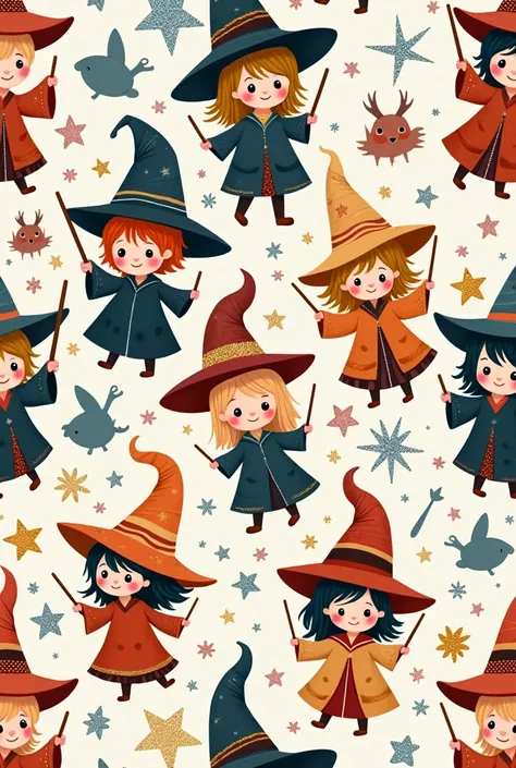 seamlesses design, harry potter ,childlike, adorable, magical, hand draw, 300 dpi , 12x12cm, Magic wand, Magik , seamless, pattern design , magic , cute , glitter ,