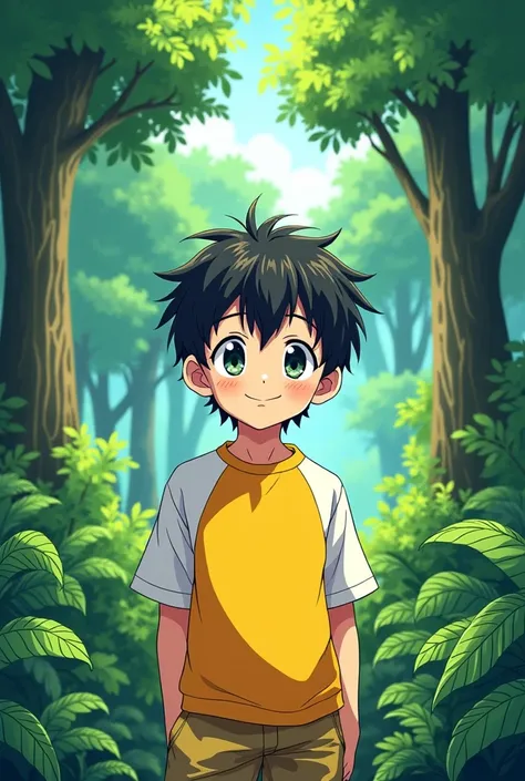 Anime boy With yellow and white T-shirt background green forest