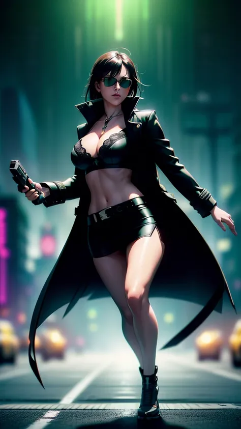 cyberpunk-style city with a nocturnal vibe with Matrix-like aesthetic references, glowing huge clock tower as time machine, green glowing cascading code. At night, (1girl, solo, alone), photorealistic, medium-breast slim:0.6 body, oval:0.5 face, cleavage:1...