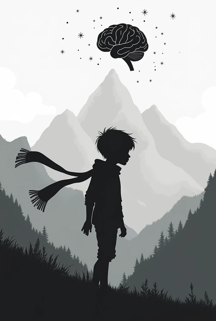 The silhouette of a child in black and white and the child has a scarf, is a boy and is in the mountains, add an element of a brain silhouette in the landscape and also stars