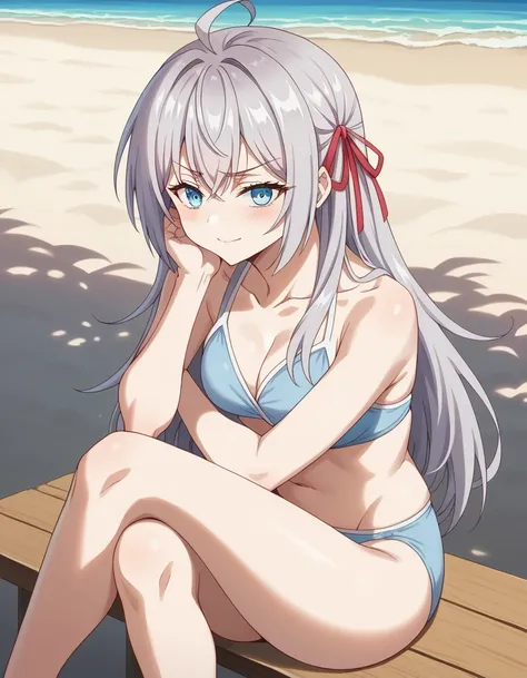 alisamikhailovna, alisamikhailovna kujou, long hair, bangs, blue eyes, ahoge, gray hair, red ribbon, sunshine, shy, smile , glare, face forward, light blue bikini, sitting, cross legs, beach, 