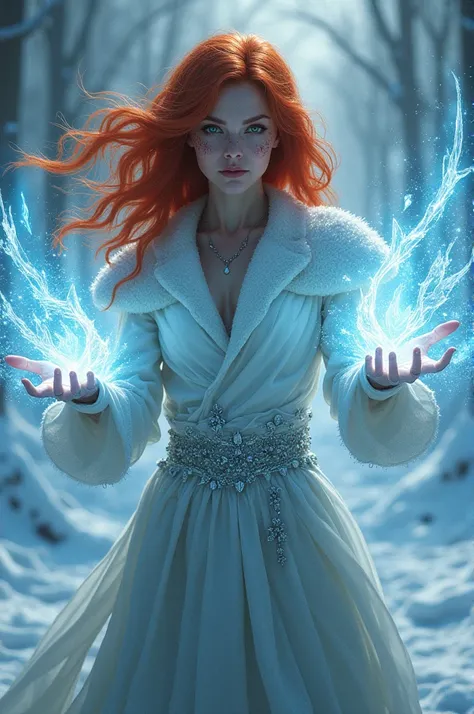 A woman with red hair, ice powers, green eyes, and a scar on both sides of her cheek