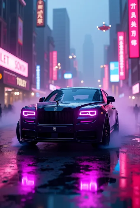 A Rolls Royce Ghost black badge in a Cyberpunk city with pink and blue colour light with purple headlight 