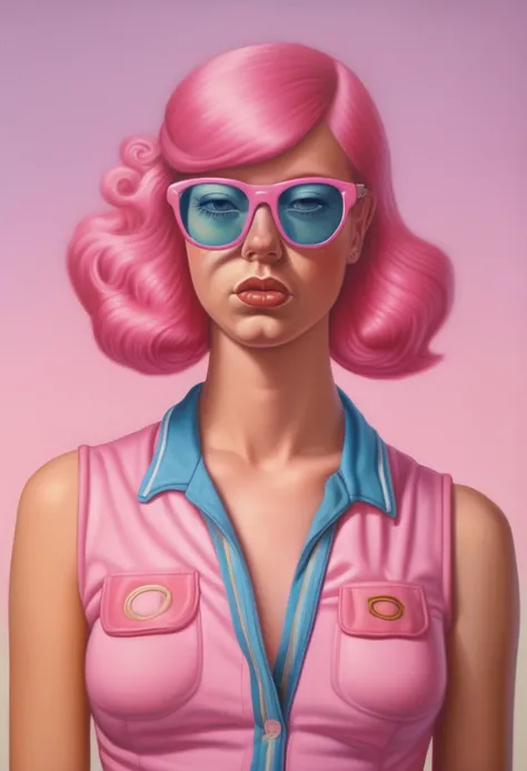 Alex Gross Style - alex gross painting of a pink haired woman wearing a retro 70s romper