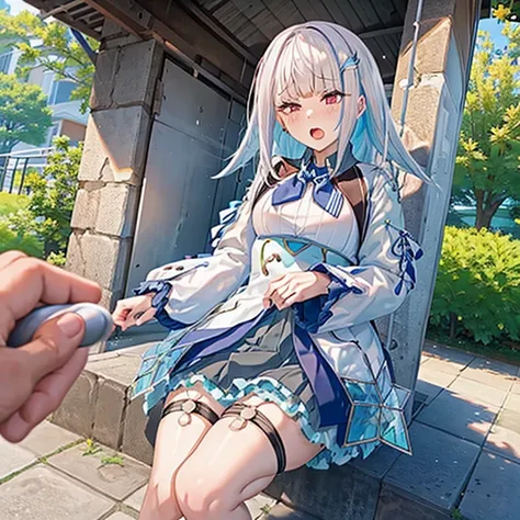 Highest quality, High resolution,(Ahegao),blush, fingering, schlick, masturbation, lh1, hair ornamnet, long hair, long sleeves, pleated skirt, blue thighhighs, 手链, frilled skirt, white jacket, white shirt, blue skirt, thigh strap,(Anatomically correct), Sa...