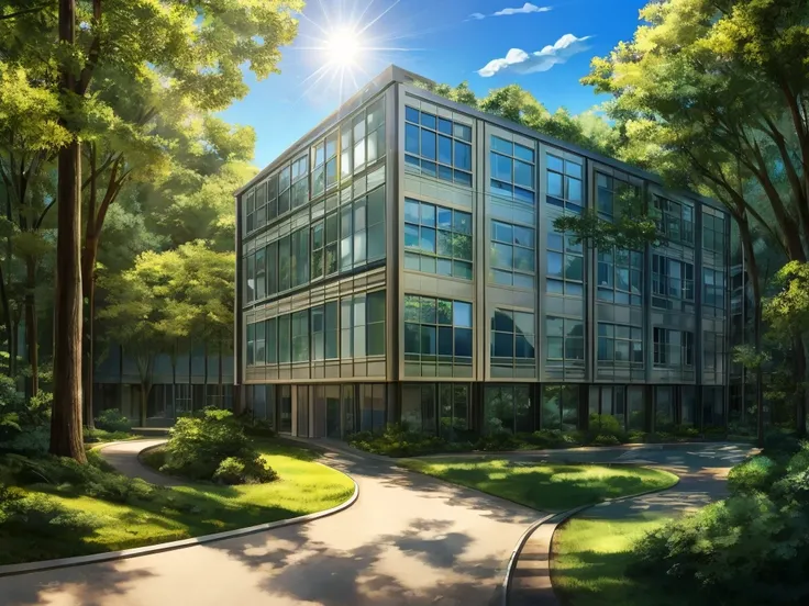 A beautiful modern dormitory building on a sunny morning, surrounded by lush green forest, with a winding path leading through the trees. The sunlight filters through the trees, casting soft shadows. The sky is clear and blue, with a few fluffy white cloud...