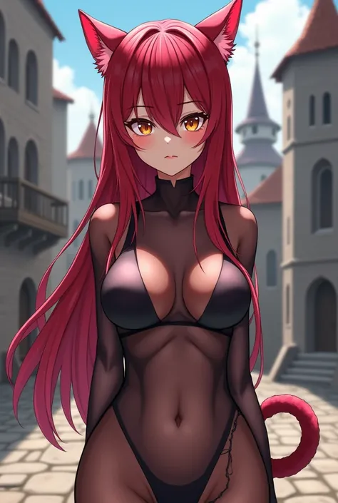 Anime-Character, of a young woman with red, cat-like ears. Her hair is long and dyed a rich dark red, which falls gently over her shoulders. Her eyes are large and shine in an intense yellow tone, which gives her a mysterious and at the same time determine...