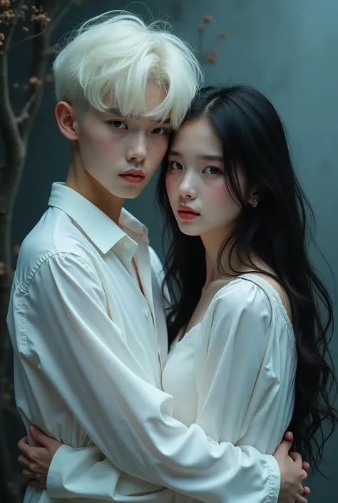 A Boy white-hair hugs a girl Long black hair, white body, white clothes, 26 years and both of them look at the camera, theme color picture is a blue mixed black and white 