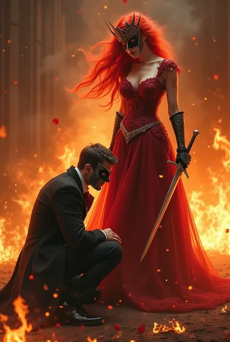 Red Princess, the brunette handsome short haired prince and both of them should be MASKED, Let fire spread around them and the princess will have a sword in her hand and will look at the prince with anger, Let them wear masks, let them be in trouble, set t...