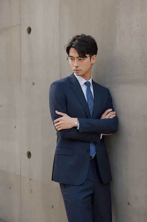 A man in a suit is leaning his elbows against a wall。