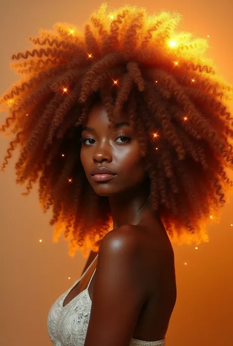 A Black woman with long, voluminous, copper-orange afro curly hair, featuring white and blonde highlights, with small rays incorporated into her hair . i want to see the small rays. show me the hair