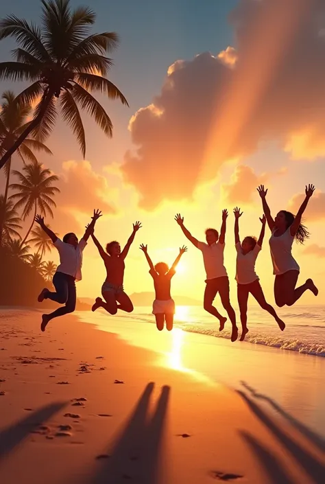 Several people jumping for joy on the beach with a sunset
