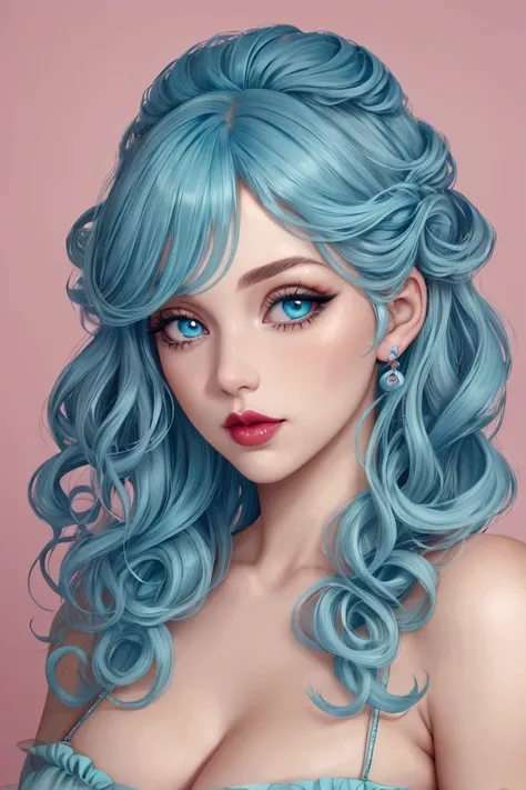 Light blue hair, turquoise eyes, long eyelashes, big red lips, apricot eyes, beauty, girly, curly hair, Princess