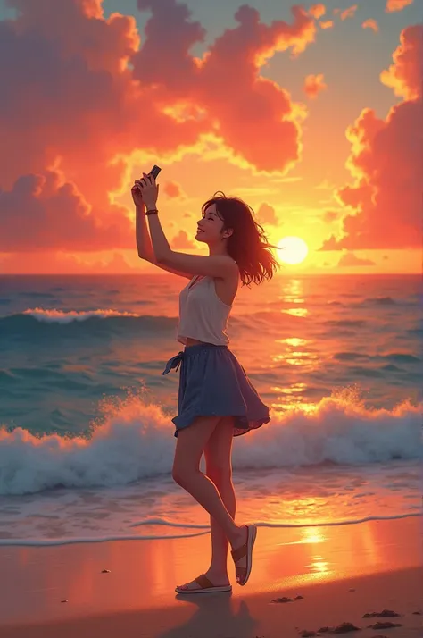 A girl is standing   on the beach wore a full clothes and clicking a photo of sunset with cheer pose and her face show affection and attraction 