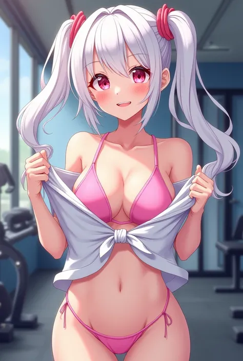 high quality, 8K Ultra HD, Anime style, female, long white twintail, pink eyes, adorable and cute face, smile, white t-shirt, black gym shorts, standing, gym background, lifting shirt with left hand, showing chest, pink bikini, right hand on hips, smooth a...