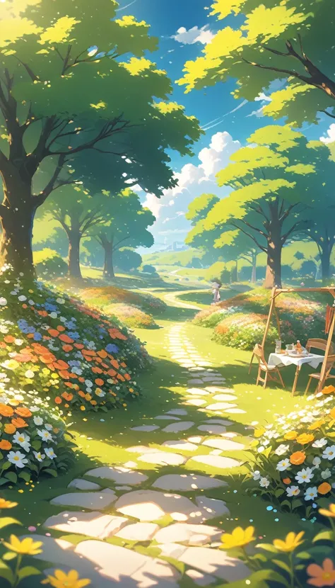 ultrawide landscape Afternoon Tea, Flower garden Cozy,Orange Pink ,picnic , There are no human characters.