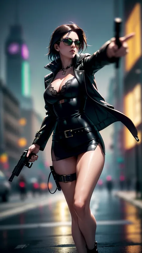 cyberpunk-style city with a nocturnal vibe with Matrix-like aesthetic references, glowing huge clock tower as time machine, green glowing cascading code. At night, (1girl, solo, alone), photorealistic, medium-breast slim:0.6 body, oval:0.5 face, cleavage:1...