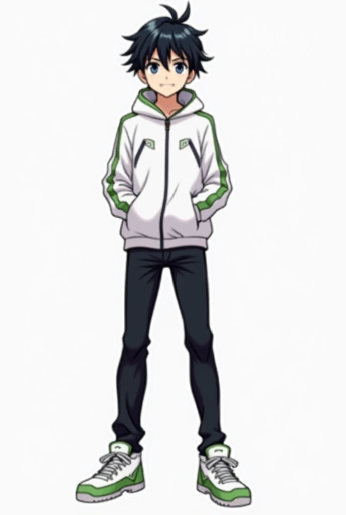 A male teenage anime style character With slightly long black hair that is a little spiky with the hair slightly covering his left eye., big navy blue eyes, happy, Jaketa White jacket, black pants, white sneakers with green, and with black gloves.