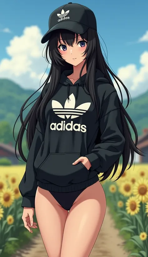 sexy anime girl, long black hair, black eyes, barefoot, wear black adidas cap, wear black adidas hood, wear black adidas hot pants, background is farm