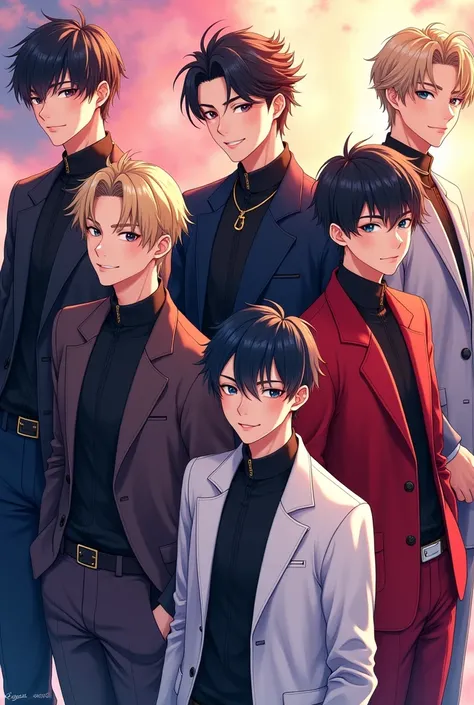 Anime poster with 5boy friendly group look and clothes very designers