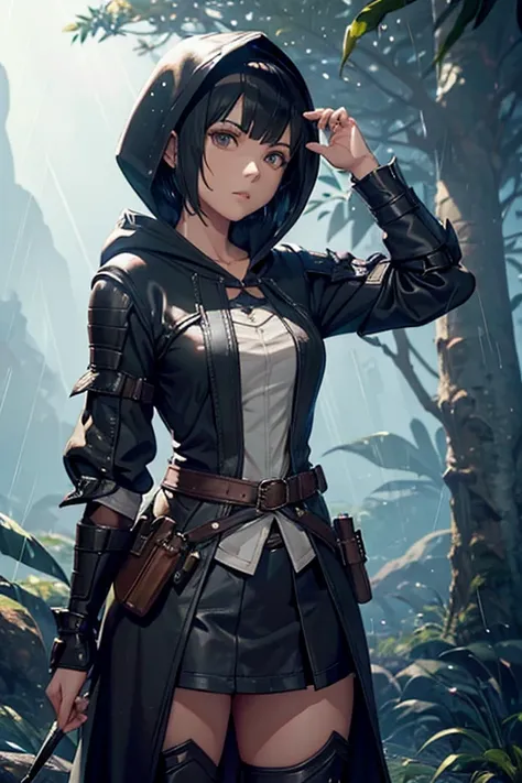 a female character fitted in game "monster hunter world", beautiful, black short hair, hooded, wearing robes from animal materia...