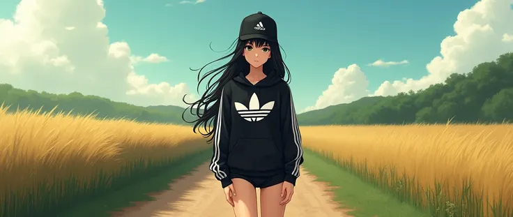 sexy anime girl, long black hair, black eyes, barefoot, wear black adidas cap, wear black adidas hood, wear black adidas hot pants, background is farm