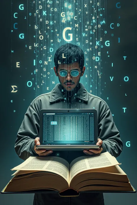 Simply a complex image with great meaning, letters falling on a computer keyboard digital  on top of a book , technical  man laptop on hand