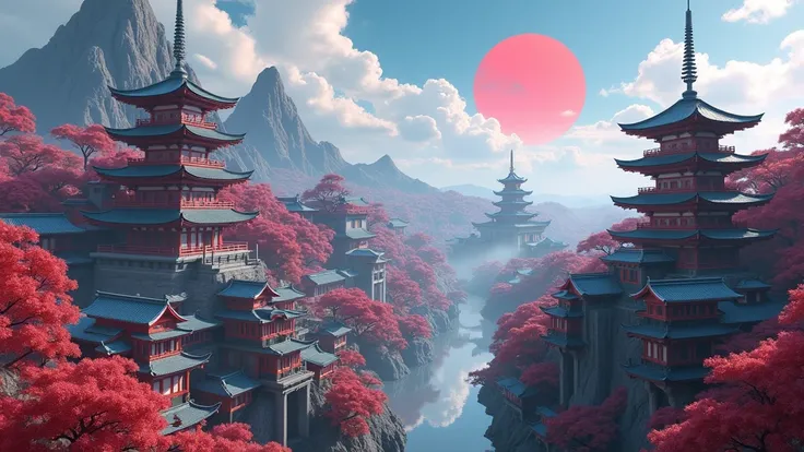 There are many houses winding and stretching, 3D rendering style, Cyberpunk Japanese Temple, Anime Landscape Concept Art, Draw as game concept art, Japanese 3D 8K Ultra Detailed, Stylized 3d rendering, Japanese house, 日本Art style, Pagoda Figures, 3D render...