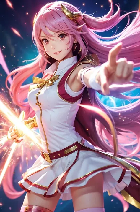 Create an anime-style icon featuring a magical girl in an action pose. She has a G-cup chest and is dressed in a dynamic magical outfit. Her hair is long and flowing in a light pink color. She should be depicted in mid-action, with her staff glowing and ma...